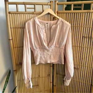 Free People Pale Pink Pleated Smock Waist Long Sleeve Top Large